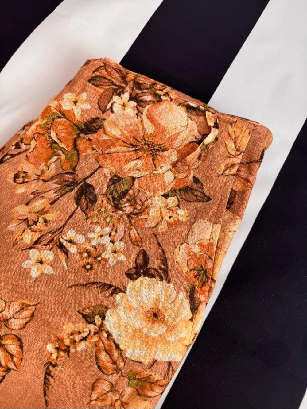 Mango Linen Floral Rust-Orange Midi Skirt